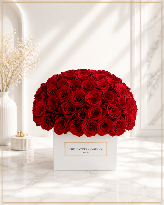 Dome Shaped Red Roses in Square Box